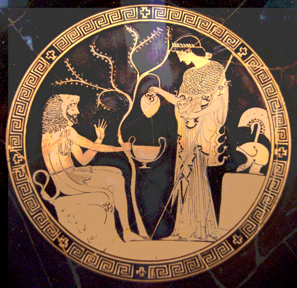  Herakles und Athena. Tondo von einer rotfigurigen Attischen Kylix, 480-470 v. Chr. Aus Vulci.