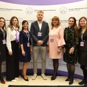 Mgr. Martina Košíková, PhD., Mgr. Kateryna Melnyk, doc. PhDr. Petra Vašaničová, PhD., doc. Ing. Sylvia Jenčová, PhD., Mgr. Marta Miškufová, PhD., doc. Ing. Katarína Valášková, PhD. a Ing. Marek Nagy, PhD. (ŽU v Žiline) počas 9. medzinárodnej vedeckej konferencie „Economics, Management & Business 2025" (v roku 2025)