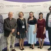 Dr. Korečko, Dr. Petruška, Dr. Matijová, Dr. Košíková, doc. Vašaničová a Dr. Bačinský počas 9. medzinárodnej vedeckej konferencie „Economics, Management & Business 2025" (v roku 2025)