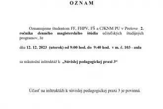 Inštruktáž k súvislej pedagogickej praxi 3-  magisterské ročníky