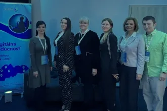 doc. Vašaničová, doc. Jenčová, doc. Šofranková, Dr. Miškufová, Dr. Matijová a Dr. Letkovský počas konferencie Digitálna budúcnosť (v roku 2026)