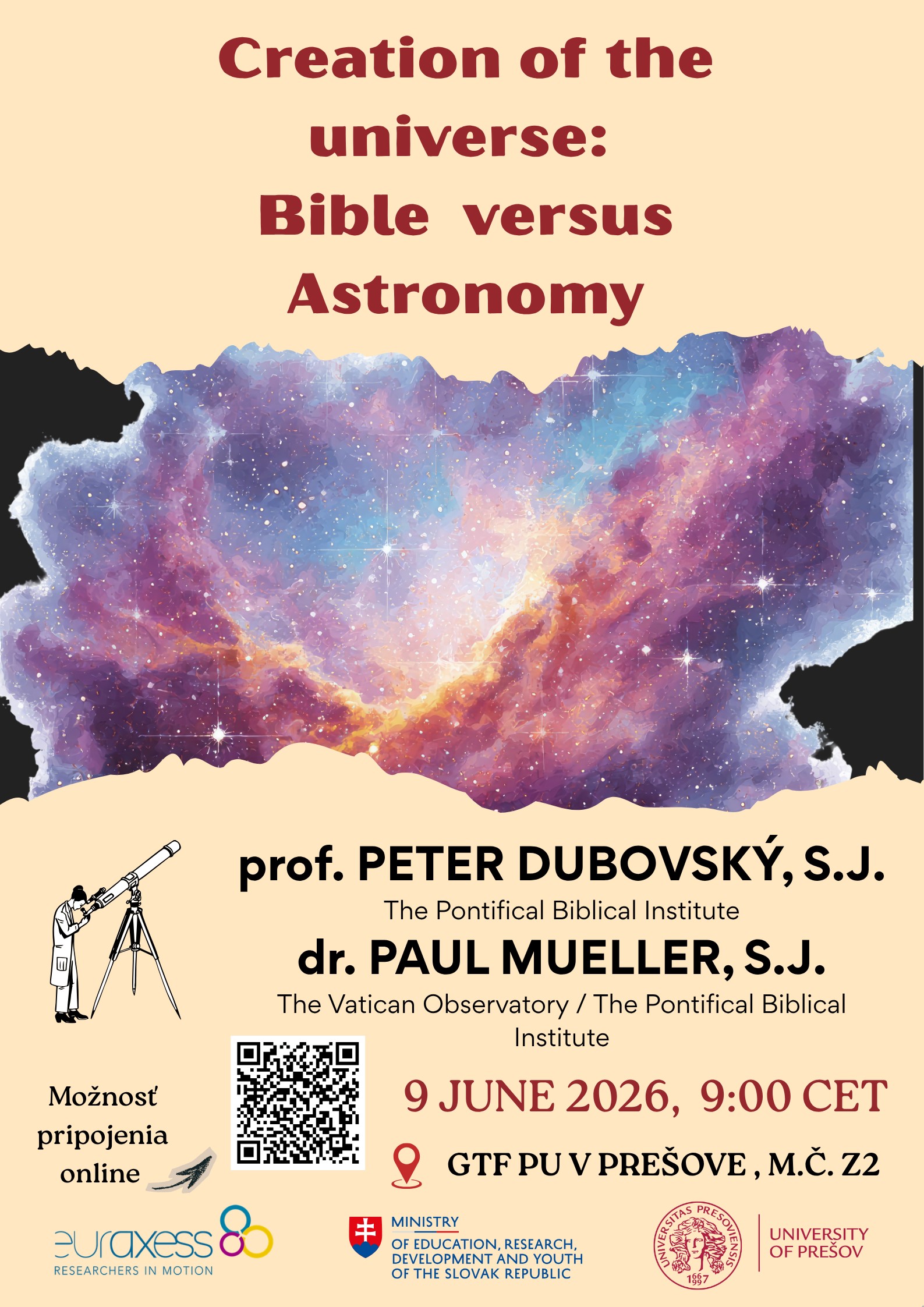 Pozvánka na verejnú prednášku prof. Dubovského a dr. Muellera - Creation of the universe: Bible versus Astronomy (9. jún 2026)